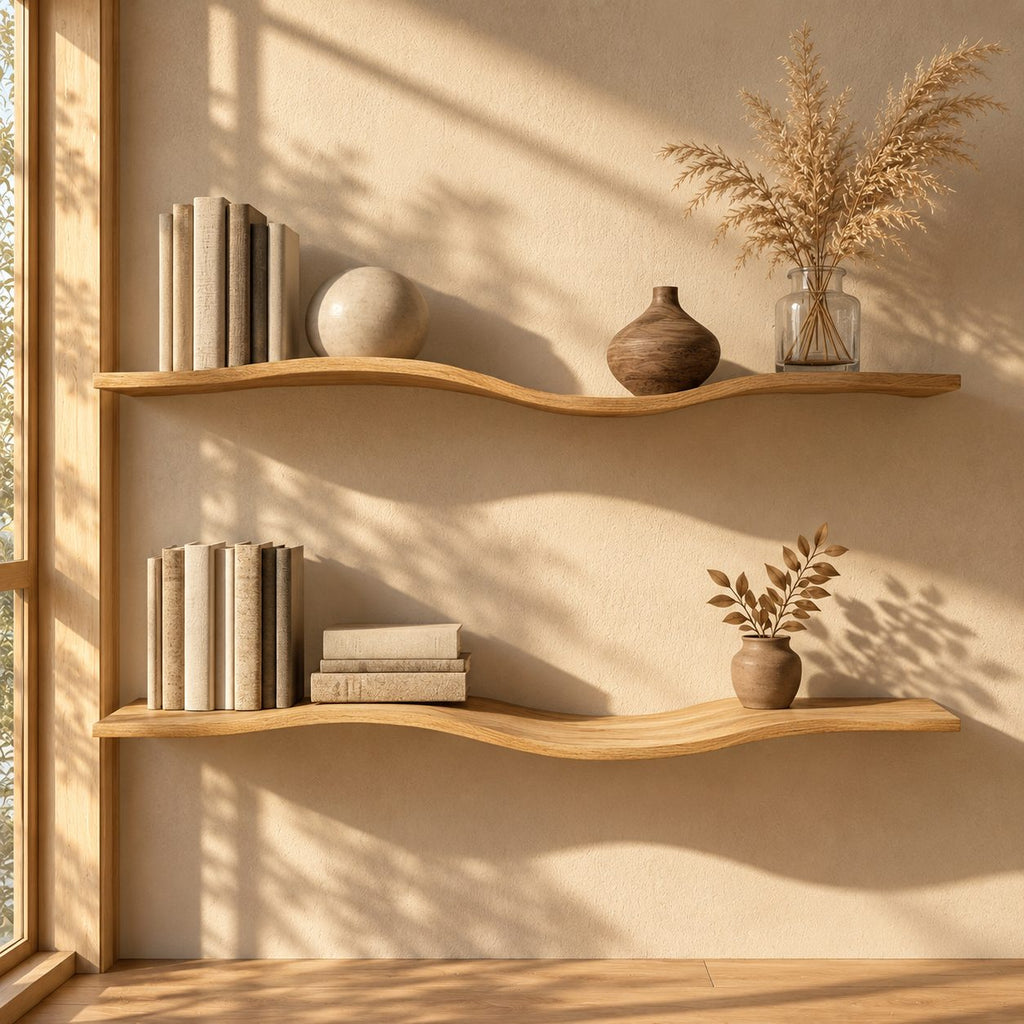 Wavy Wall Shelf, Long Slim Solid Wood Floating Shelf with Gentle Curve for Bedroom or Living Room