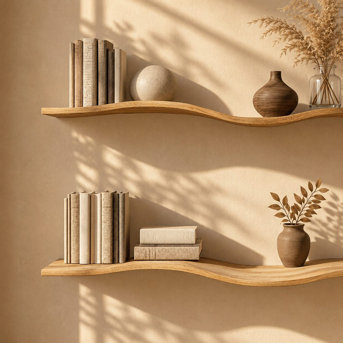 Wavy Wall Shelf, Long Slim Solid Wood Floating Shelf with Gentle Curve for Bedroom or Living Room