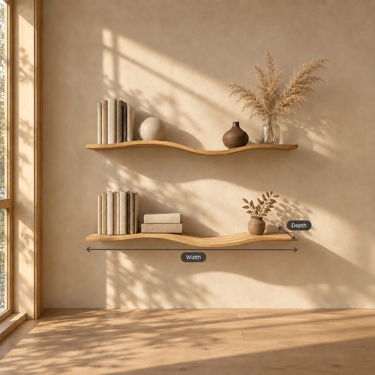 Wavy Wall Shelf, Long Slim Solid Wood Floating Shelf with Gentle Curve for Bedroom or Living Room