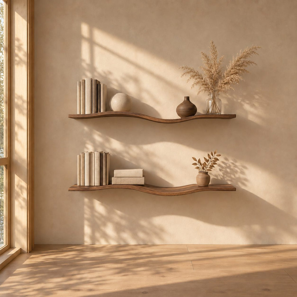 Wavy Wall Shelf, Long Slim Solid Wood Floating Shelf with Gentle Curve for Bedroom or Living Room