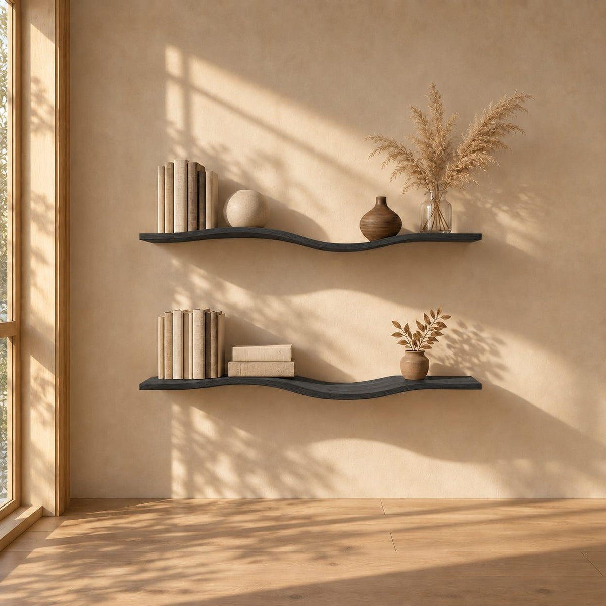 Wavy Wall Shelf, Long Slim Solid Wood Floating Shelf with Gentle Curve for Bedroom or Living Room