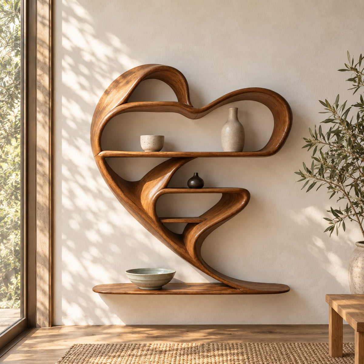 Heart Shaped Floating Wall Shelf, Sculptural Bent Solid Wood Shelf Unit with Curved Display Shelves