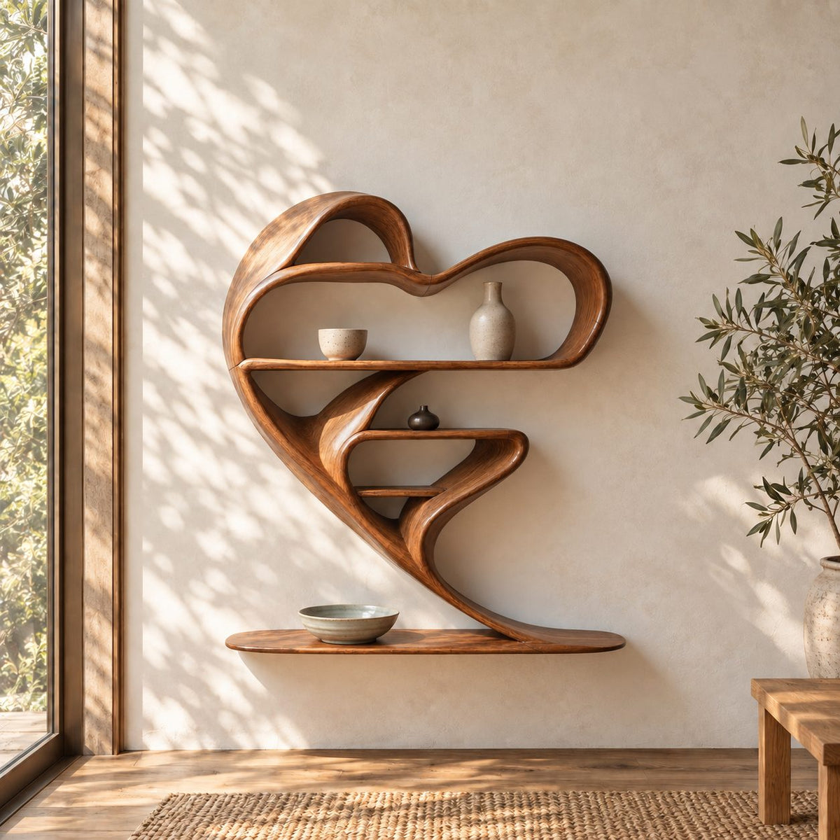 Heart Shaped Floating Wall Shelf, Sculptural Bent Solid Wood Shelf Unit with Curved Display Shelves