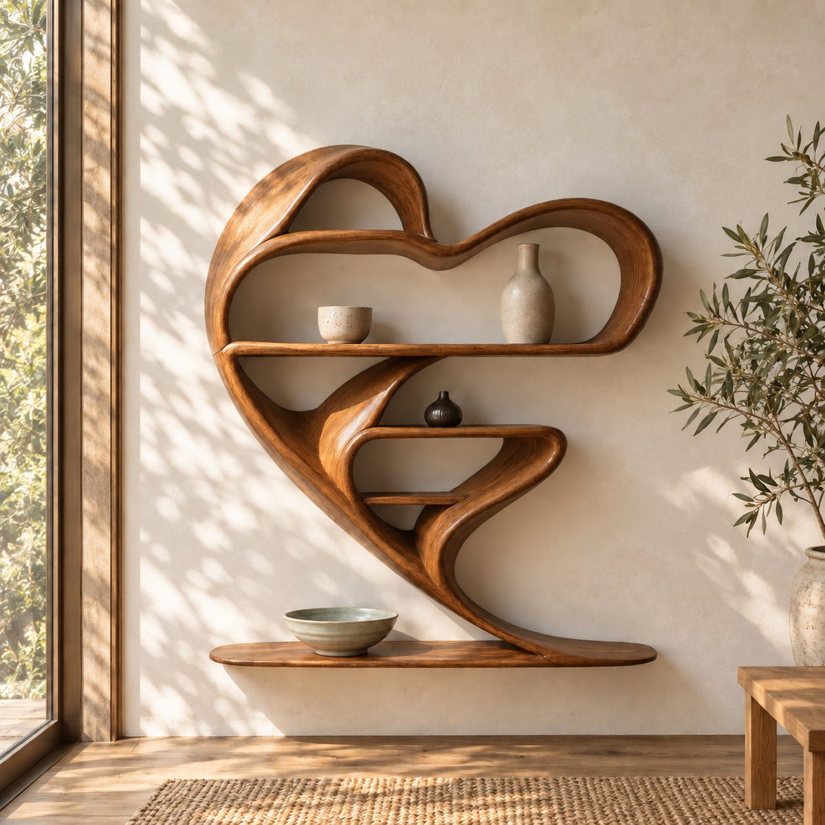 Heart Shaped Floating Wall Shelf, Sculptural Bent Solid Wood Shelf Unit with Curved Display Shelves