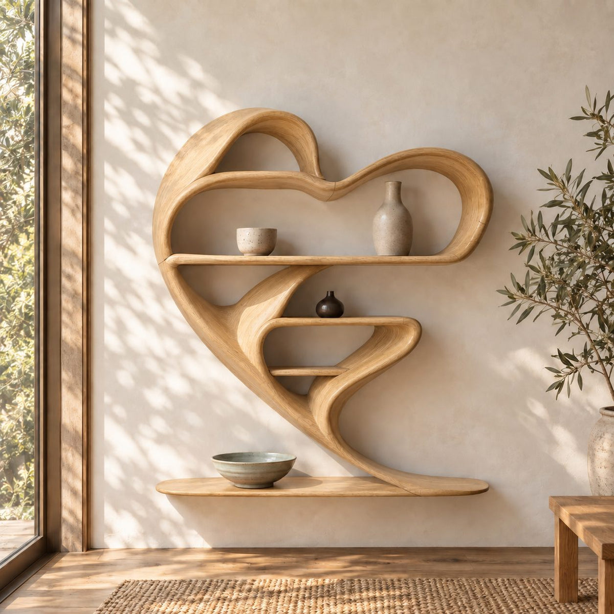 Heart Shaped Floating Wall Shelf, Sculptural Bent Solid Wood Shelf Unit with Curved Display Shelves