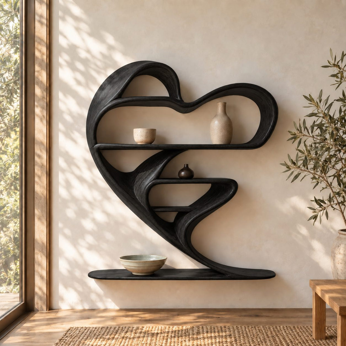 Heart Shaped Floating Wall Shelf, Sculptural Bent Solid Wood Shelf Unit with Curved Display Shelves