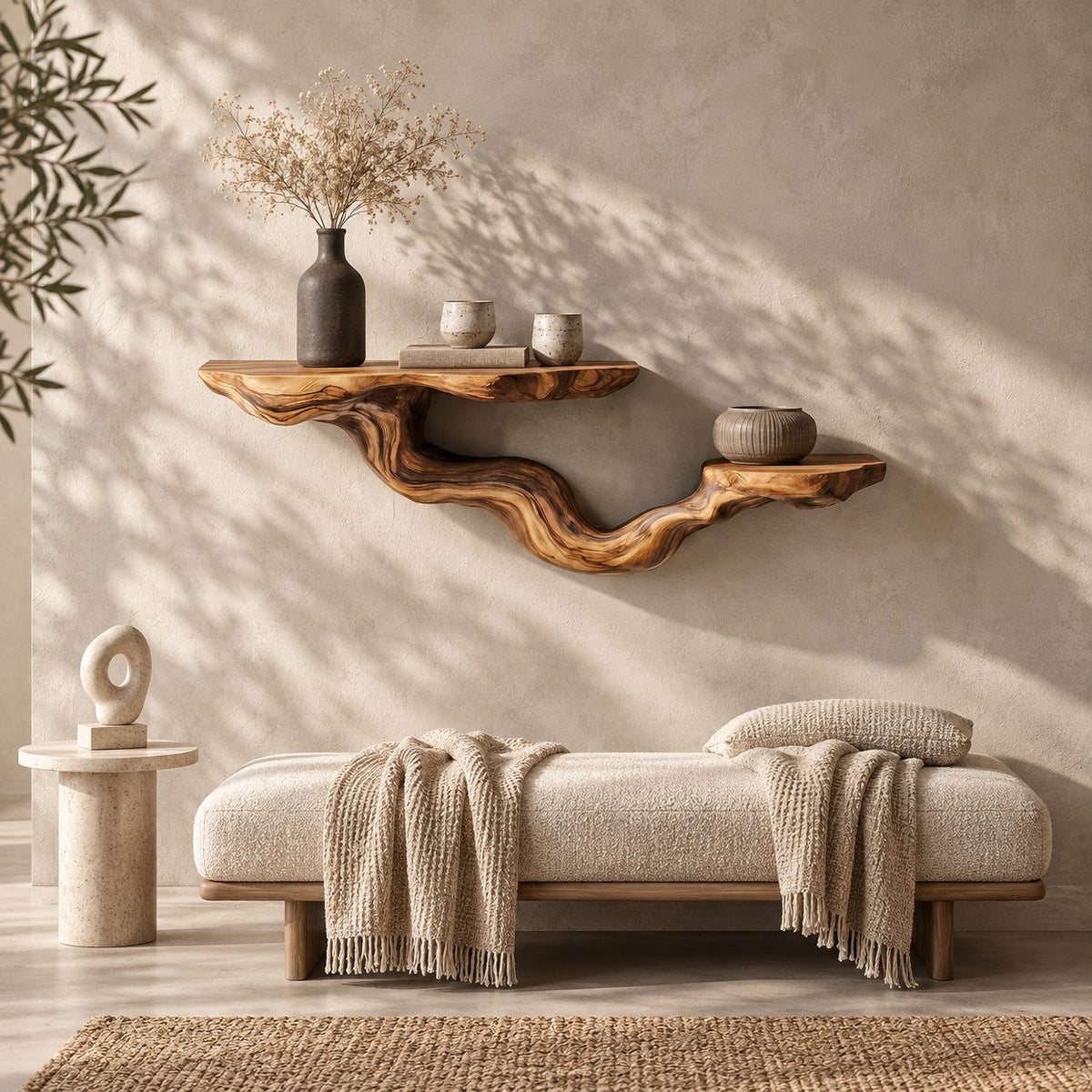 Driftwood Branch Floating Shelf, Two Level Live Edge Solid Wood Wall Shelf with Twisting Carved Branch