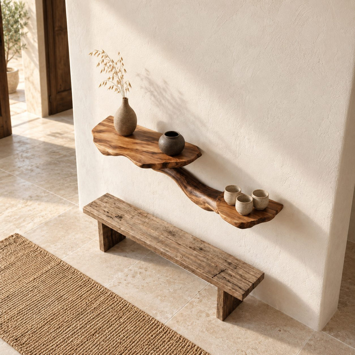 Driftwood Branch Floating Shelf, Two Level Live Edge Solid Wood Wall Shelf with Twisting Carved Branch