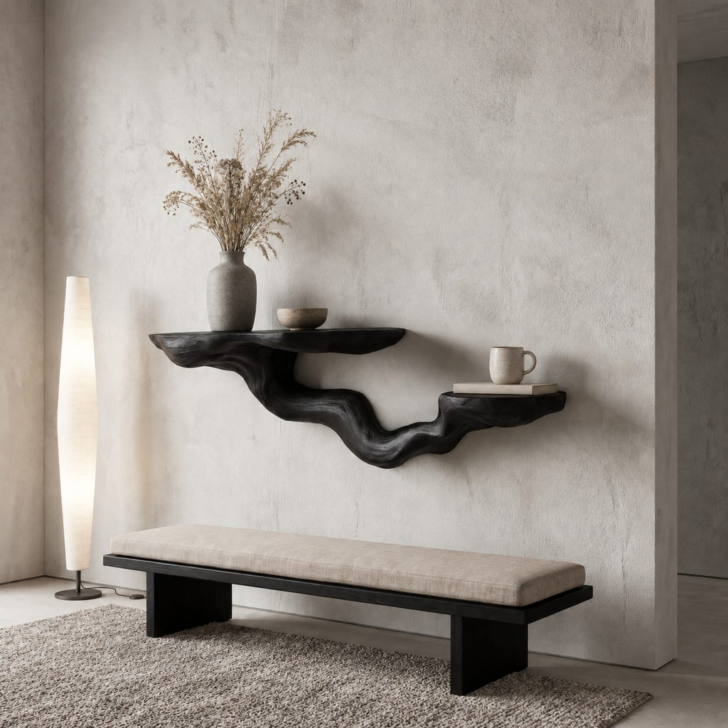 Driftwood Branch Floating Shelf, Two Level Live Edge Solid Wood Wall Shelf with Twisting Carved Branch
