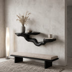 Driftwood Branch Floating Shelf, Two Level Live Edge Solid Wood Wall Shelf with Twisting Carved Branch