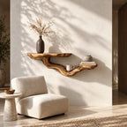 Driftwood Branch Floating Shelf, Two Level Live Edge Solid Wood Wall Shelf with Twisting Carved Branch