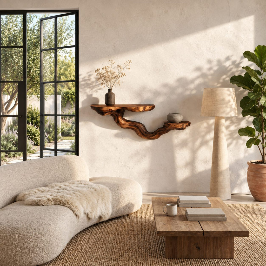Driftwood Branch Floating Shelf, Two Level Live Edge Solid Wood Wall Shelf with Twisting Carved Branch