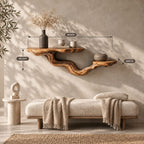 Driftwood Branch Floating Shelf, Two Level Live Edge Solid Wood Wall Shelf with Twisting Carved Branch