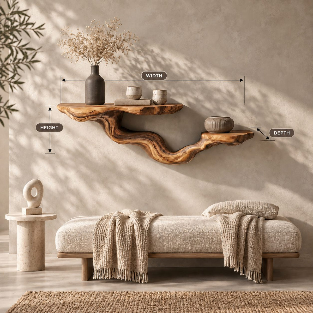 Driftwood Branch Floating Shelf, Two Level Live Edge Solid Wood Wall Shelf with Twisting Carved Branch