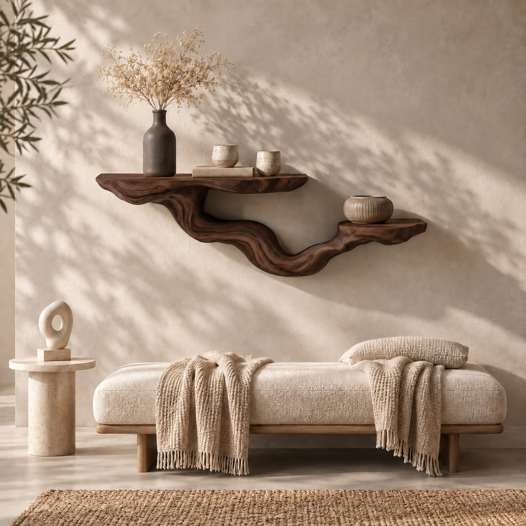 Driftwood Branch Floating Shelf, Two Level Live Edge Solid Wood Wall Shelf with Twisting Carved Branch