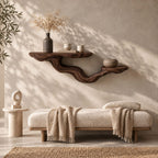 Driftwood Branch Floating Shelf, Two Level Live Edge Solid Wood Wall Shelf with Twisting Carved Branch