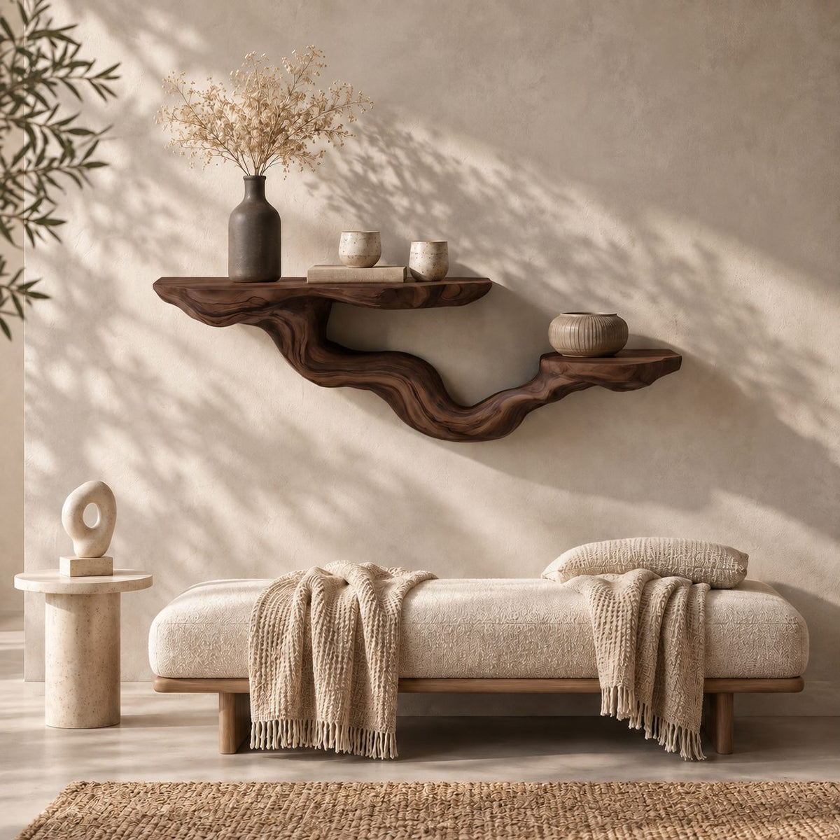 Driftwood Branch Floating Shelf, Two Level Live Edge Solid Wood Wall Shelf with Twisting Carved Branch