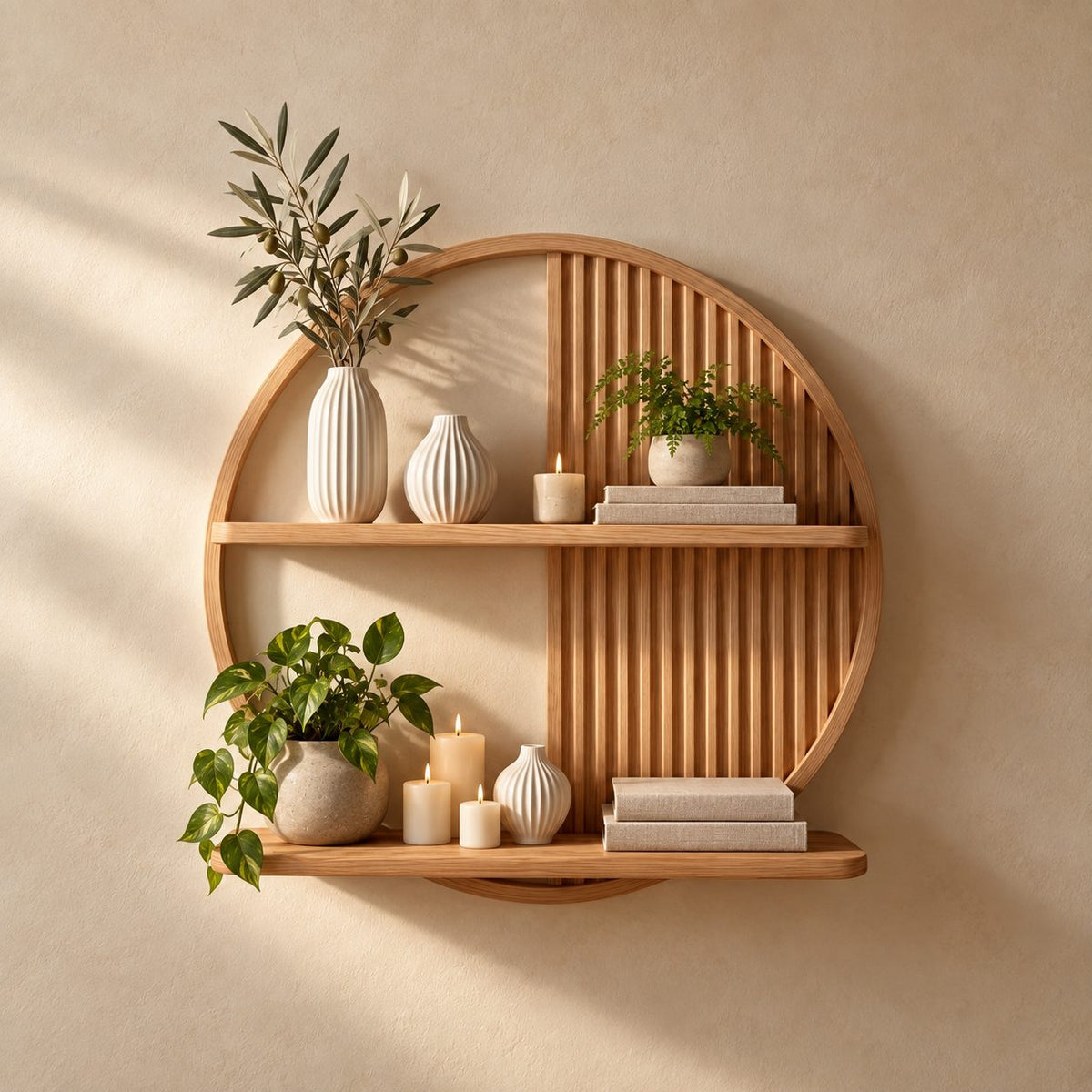 Slatted Circle Wall Shelf, Round Solid Wood Floating Display Shelf with Two Ledges for Living Room