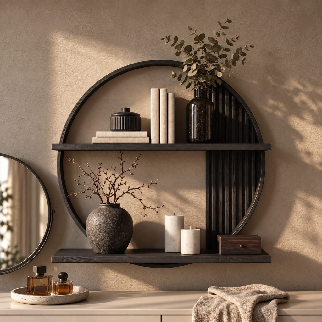 Slatted Circle Wall Shelf, Round Solid Wood Floating Display Shelf with Two Ledges for Living Room