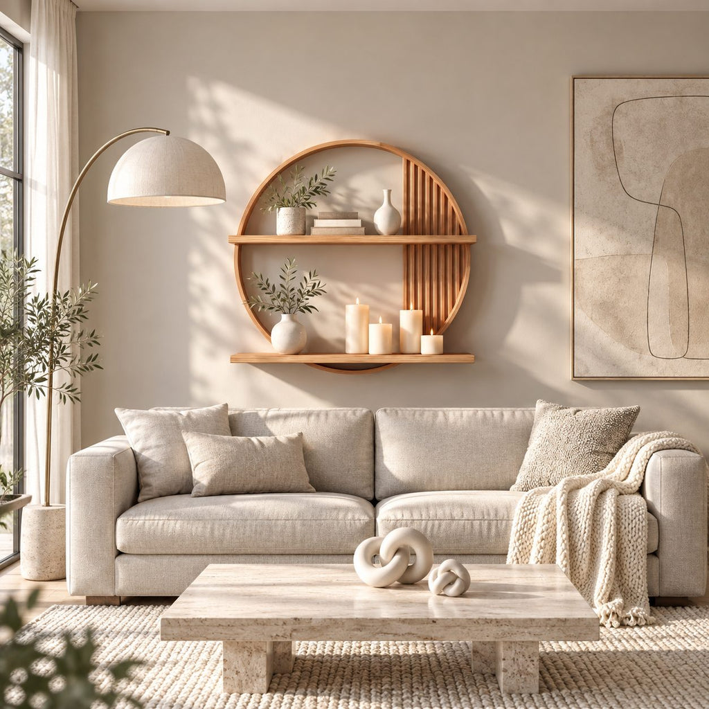 Slatted Circle Wall Shelf, Round Solid Wood Floating Display Shelf with Two Ledges for Living Room