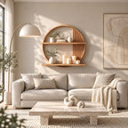 Slatted Circle Wall Shelf, Round Solid Wood Floating Display Shelf with Two Ledges for Living Room