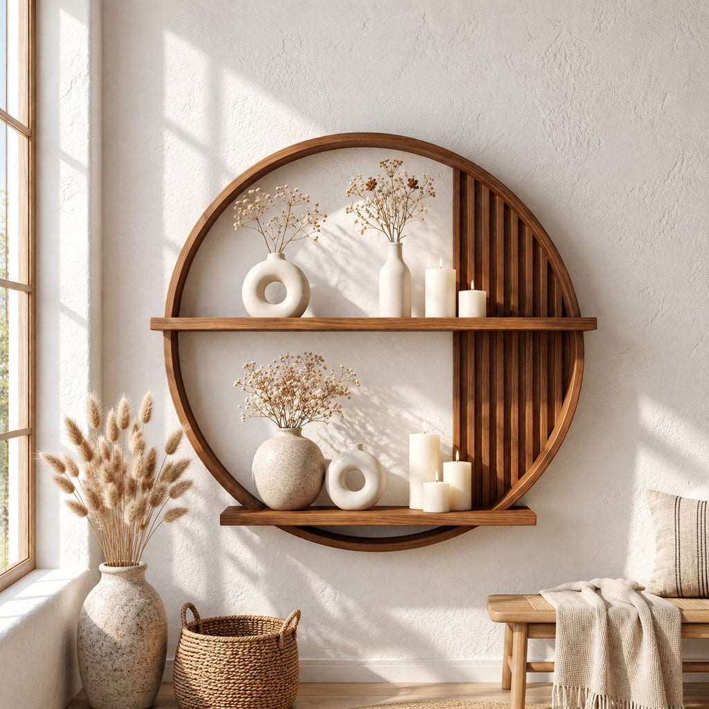 Slatted Circle Wall Shelf, Round Solid Wood Floating Display Shelf with Two Ledges for Living Room