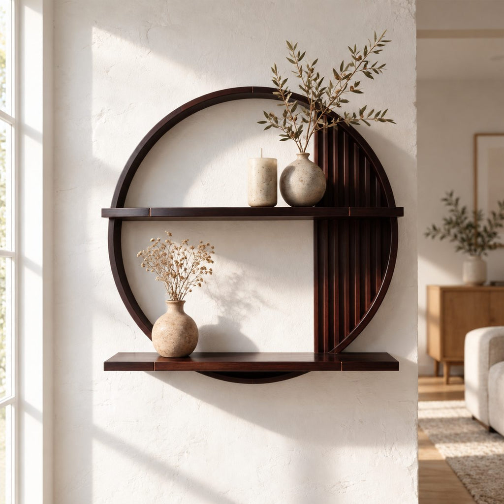 Slatted Circle Wall Shelf, Round Solid Wood Floating Display Shelf with Two Ledges for Living Room