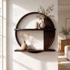 Slatted Circle Wall Shelf, Round Solid Wood Floating Display Shelf with Two Ledges for Living Room