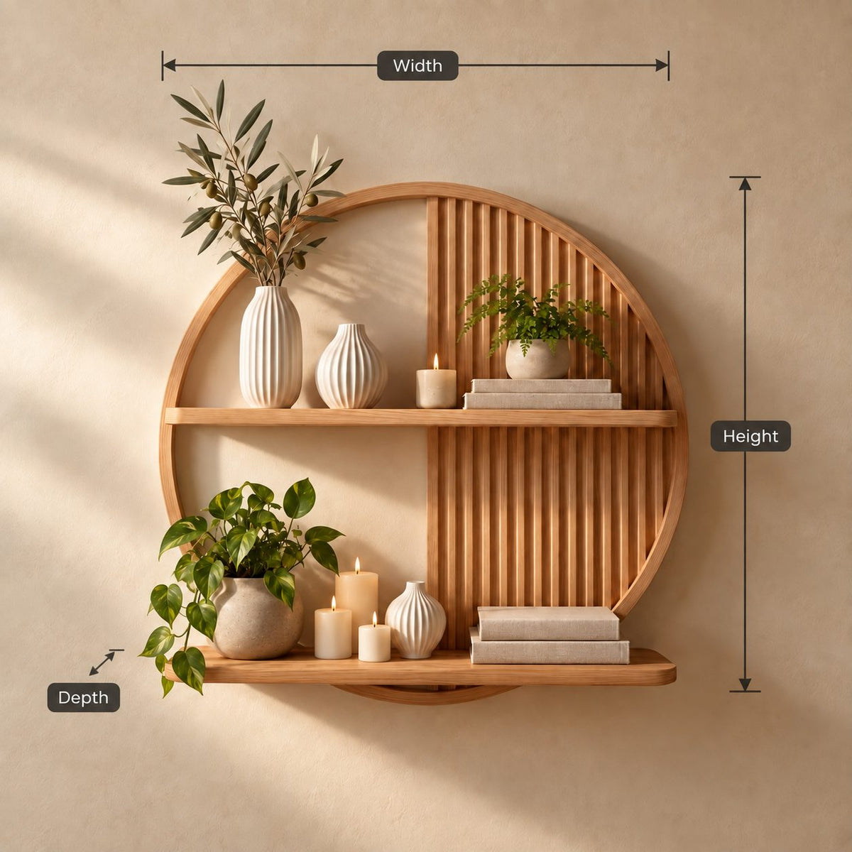 Slatted Circle Wall Shelf, Round Solid Wood Floating Display Shelf with Two Ledges for Living Room