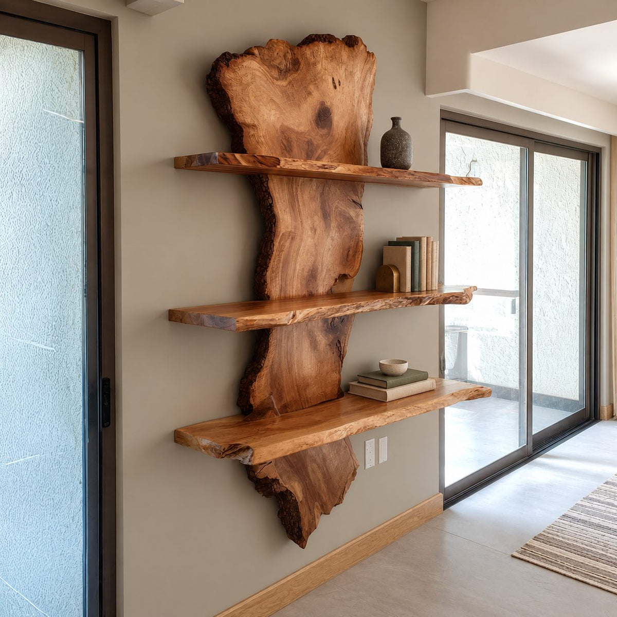 Slab Spine Live Edge Wall Shelf, Solid Wood Floating Bookshelf with Three Live Edge Shelves for Living Room