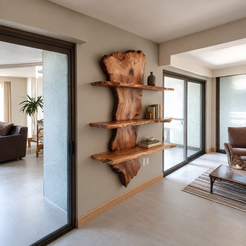 Slab Spine Live Edge Wall Shelf, Solid Wood Floating Bookshelf with Three Live Edge Shelves for Living Room