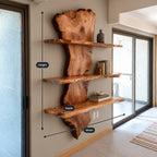 Slab Spine Live Edge Wall Shelf, Solid Wood Floating Bookshelf with Three Live Edge Shelves for Living Room