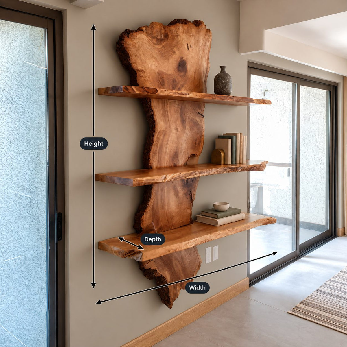 Slab Spine Live Edge Wall Shelf, Solid Wood Floating Bookshelf with Three Live Edge Shelves for Living Room