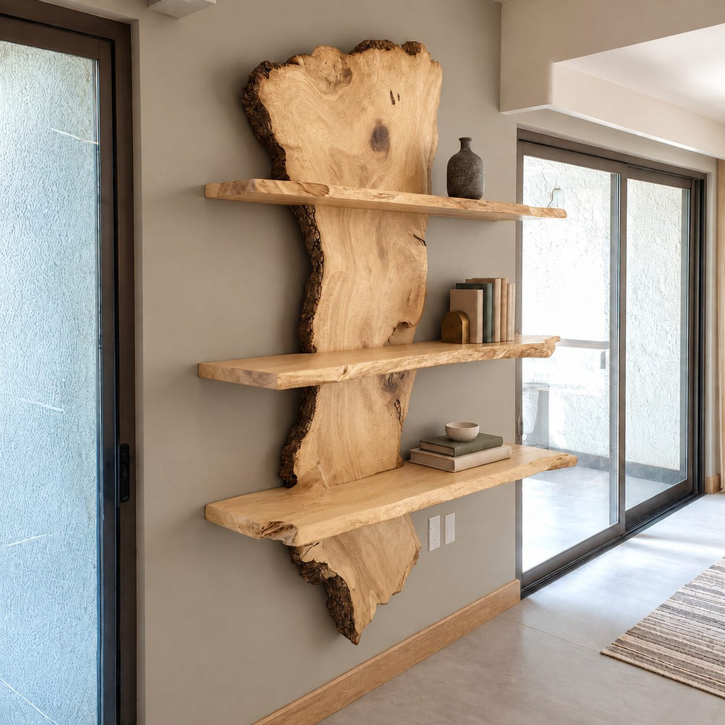 Slab Spine Live Edge Wall Shelf, Solid Wood Floating Bookshelf with Three Live Edge Shelves for Living Room