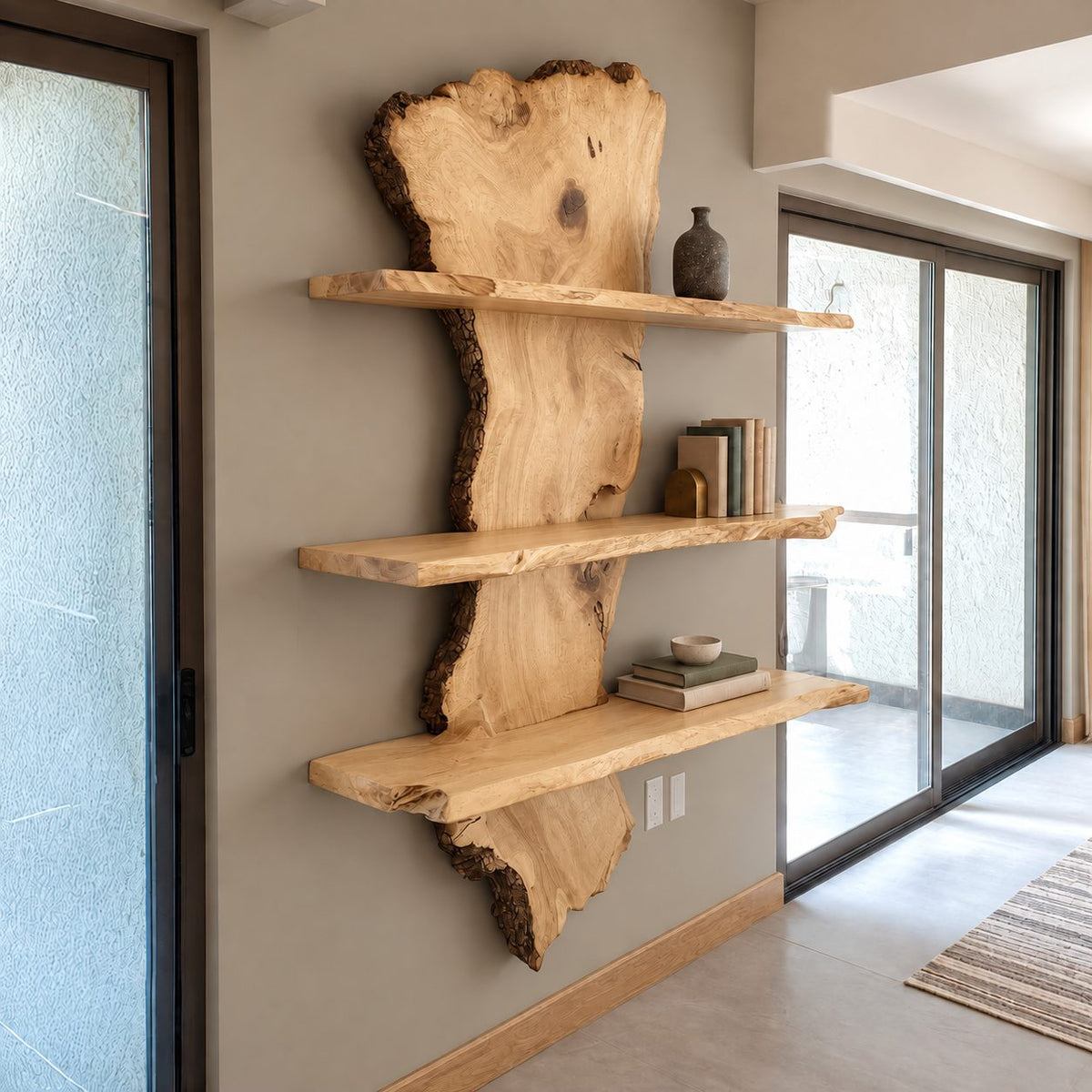 Slab Spine Live Edge Wall Shelf, Solid Wood Floating Bookshelf with Three Live Edge Shelves for Living Room