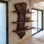 Slab Spine Live Edge Wall Shelf, Solid Wood Floating Bookshelf with Three Live Edge Shelves for Living Room