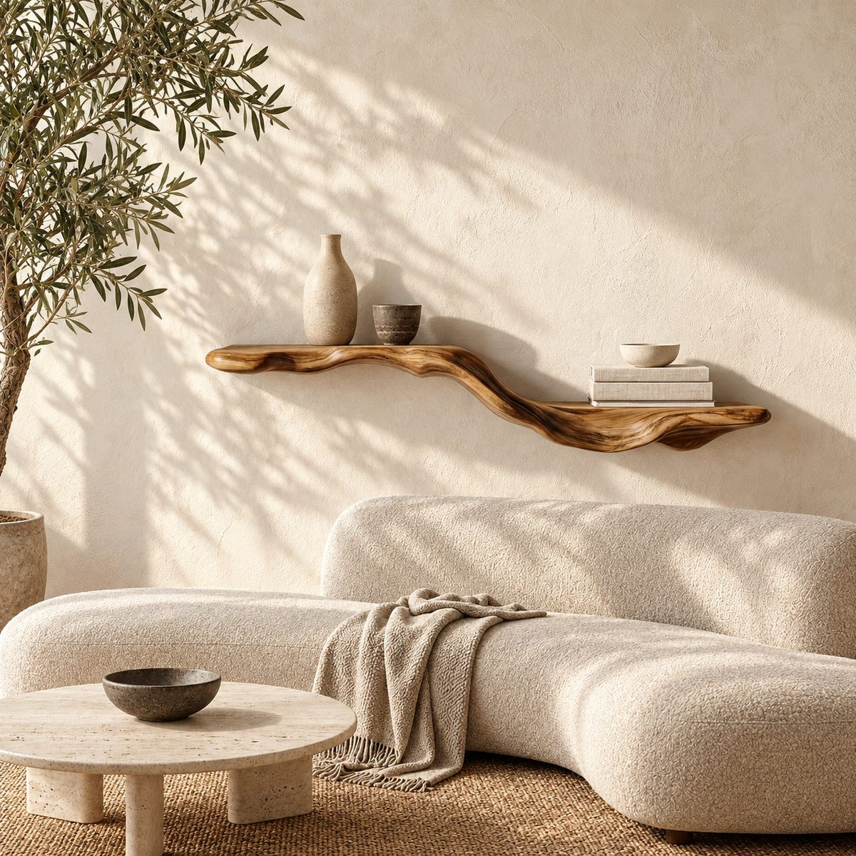 Flowing Wave Floating Shelf, Sculpted Solid Wood Wall Shelf with Driftwood Style Curve for Living Room