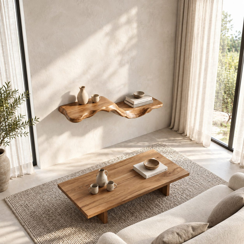 Flowing Wave Floating Shelf, Sculpted Solid Wood Wall Shelf with Driftwood Style Curve for Living Room