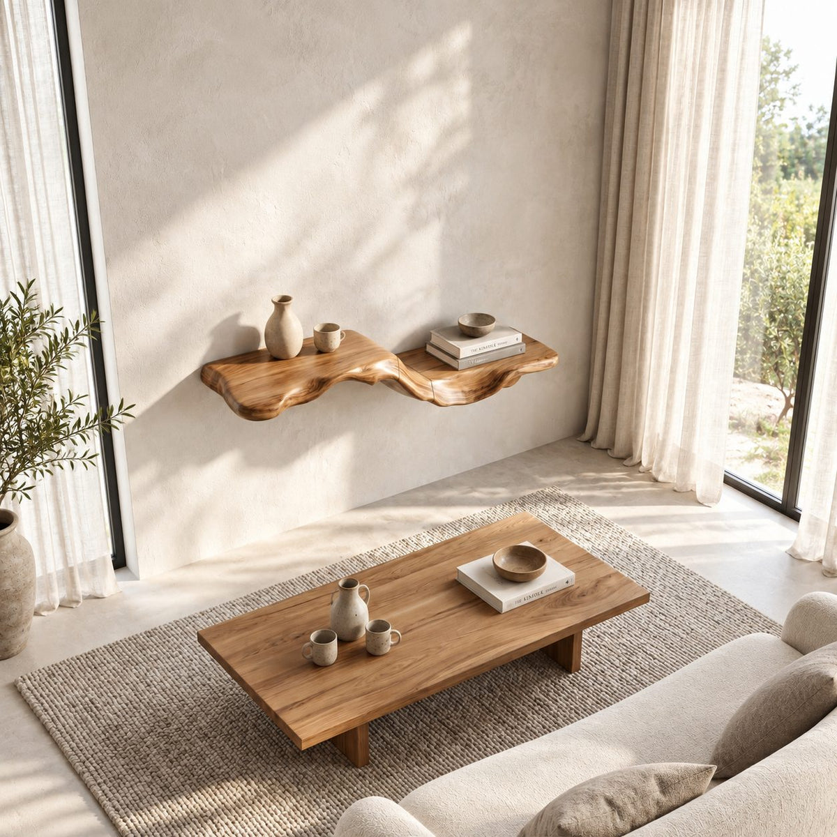Flowing Wave Floating Shelf, Sculpted Solid Wood Wall Shelf with Driftwood Style Curve for Living Room
