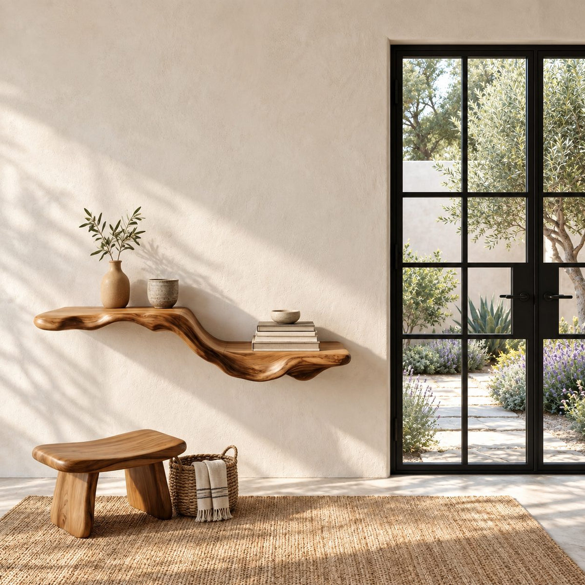Flowing Wave Floating Shelf, Sculpted Solid Wood Wall Shelf with Driftwood Style Curve for Living Room