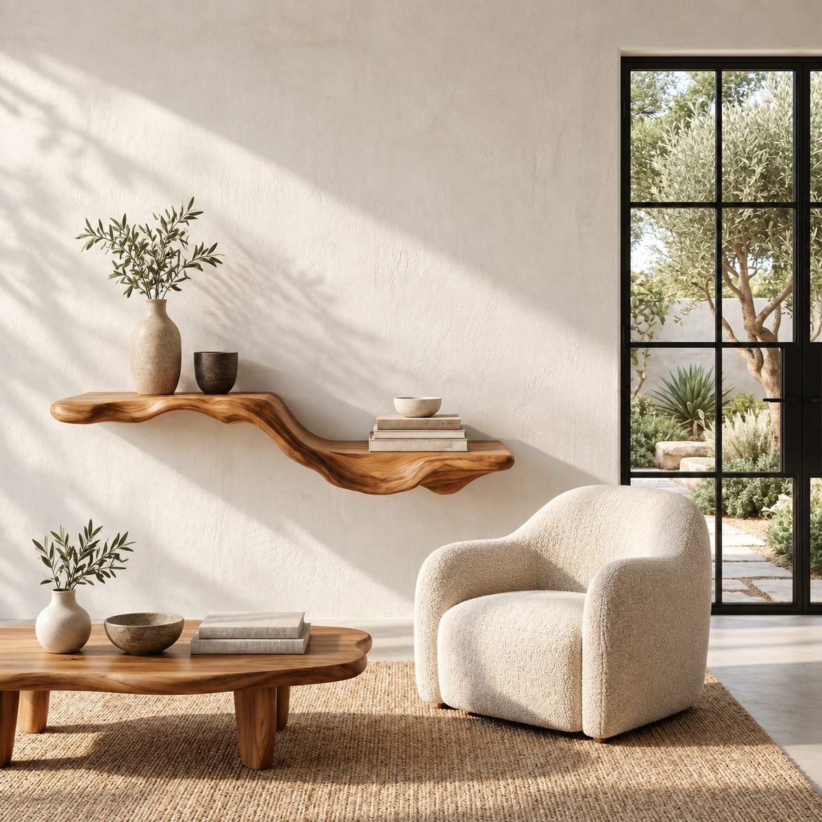 Flowing Wave Floating Shelf, Sculpted Solid Wood Wall Shelf with Driftwood Style Curve for Living Room