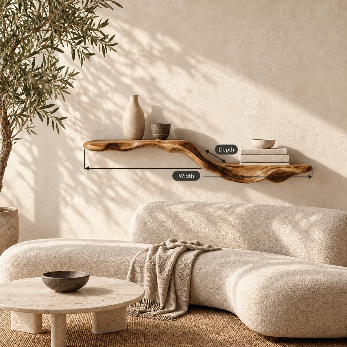 Flowing Wave Floating Shelf, Sculpted Solid Wood Wall Shelf with Driftwood Style Curve for Living Room