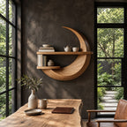 Crescent Moon Wall Shelf, Carved Solid Wood Floating Shelf with Two Display Ledges for Home Office