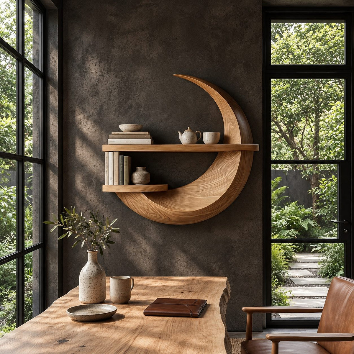 Crescent Moon Wall Shelf, Carved Solid Wood Floating Shelf with Two Display Ledges for Home Office