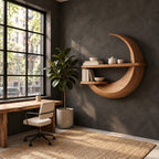 Crescent Moon Wall Shelf, Carved Solid Wood Floating Shelf with Two Display Ledges for Home Office