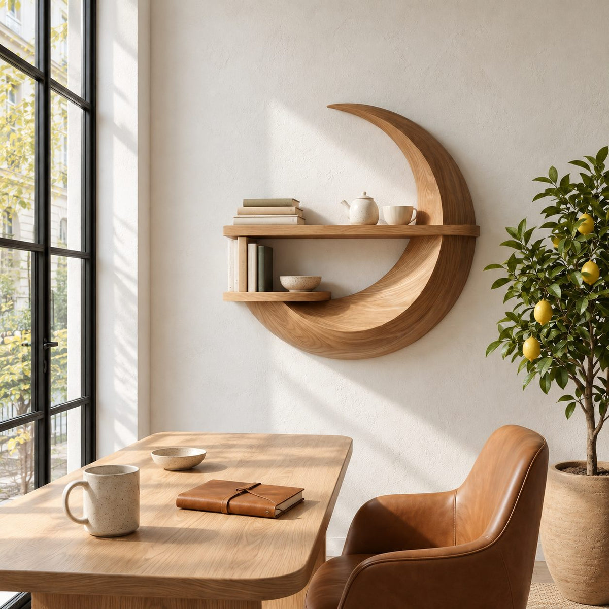 Crescent Moon Wall Shelf, Carved Solid Wood Floating Shelf with Two Display Ledges for Home Office