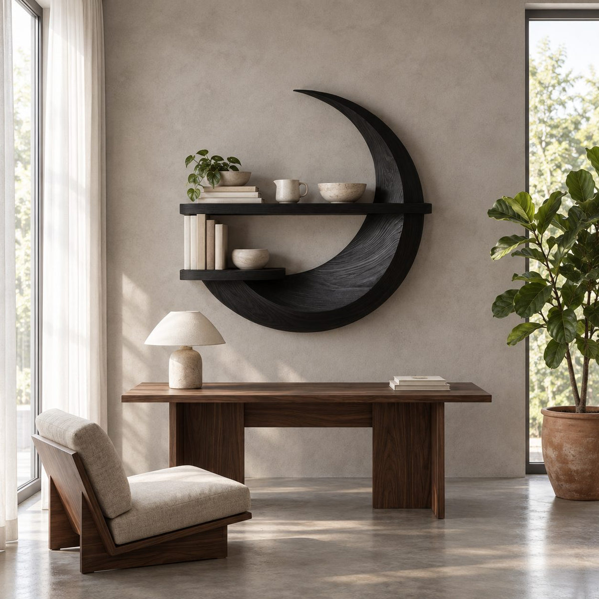 Crescent Moon Wall Shelf, Carved Solid Wood Floating Shelf with Two Display Ledges for Home Office