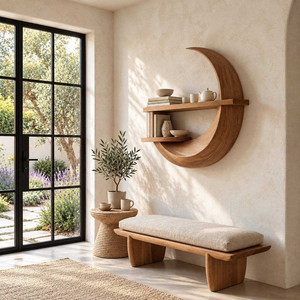 Crescent Moon Wall Shelf, Carved Solid Wood Floating Shelf with Two Display Ledges for Home Office