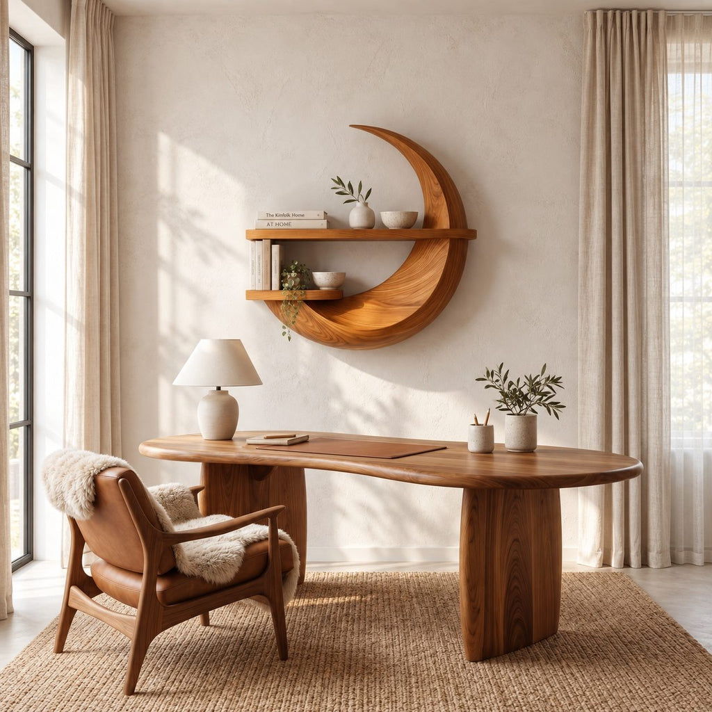 Crescent Moon Wall Shelf, Carved Solid Wood Floating Shelf with Two Display Ledges for Home Office