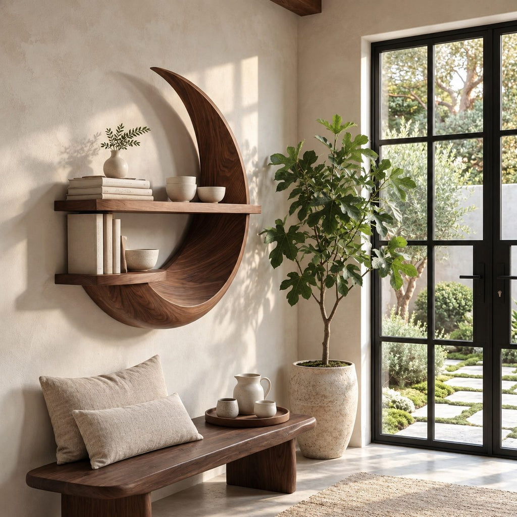 Crescent Moon Wall Shelf, Carved Solid Wood Floating Shelf with Two Display Ledges for Home Office